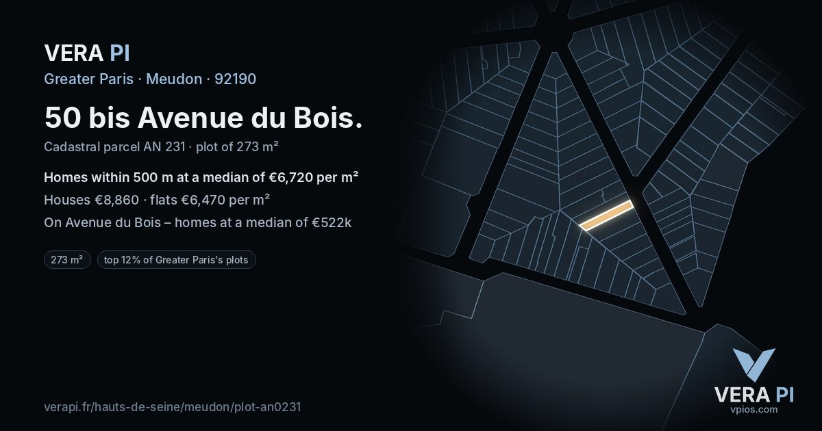 50 bis Avenue du Bois, Meudon at night – the plot lit, the parcels around coloured by the prices near them