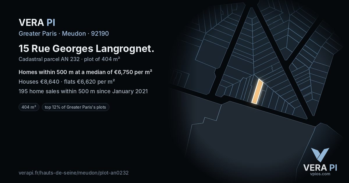 15 Rue Georges Langrognet, Meudon at night – the plot lit, the parcels around coloured by the prices near them