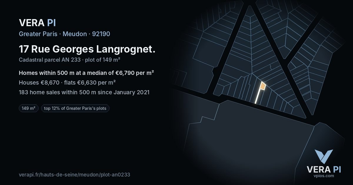 17 Rue Georges Langrognet, Meudon at night – the plot lit, the parcels around coloured by the prices near them