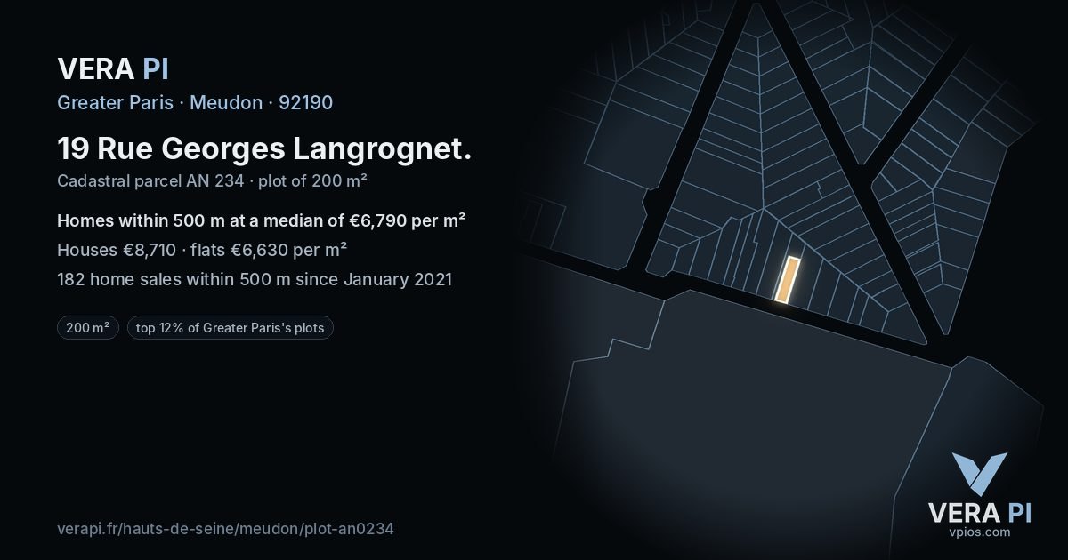 19 Rue Georges Langrognet, Meudon at night – the plot lit, the parcels around coloured by the prices near them