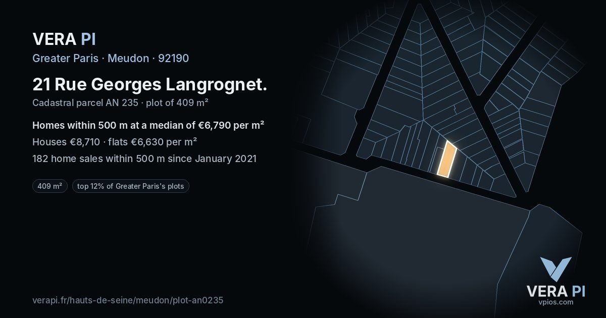 21 Rue Georges Langrognet, Meudon at night – the plot lit, the parcels around coloured by the prices near them