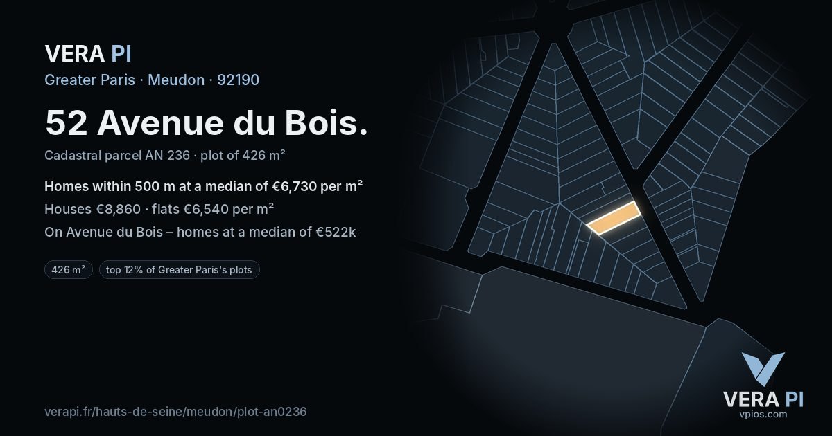 52 Avenue du Bois, Meudon at night – the plot lit, the parcels around coloured by the prices near them