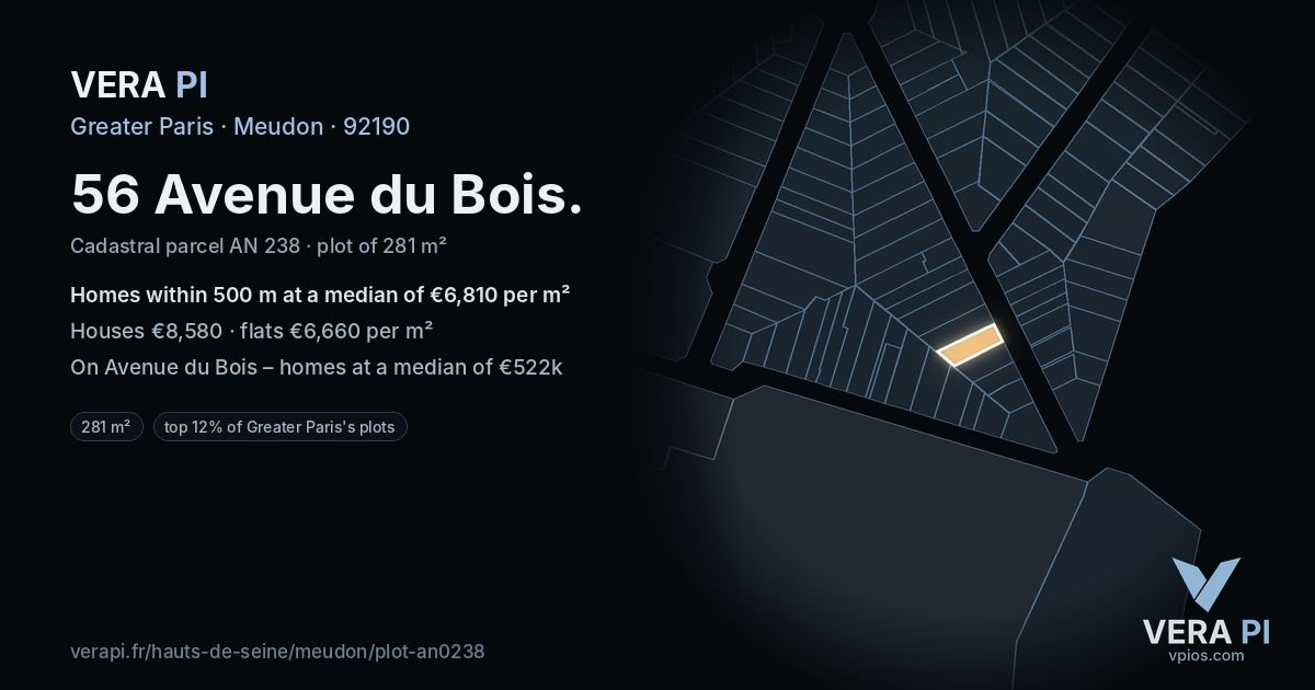 56 Avenue du Bois, Meudon at night – the plot lit, the parcels around coloured by the prices near them