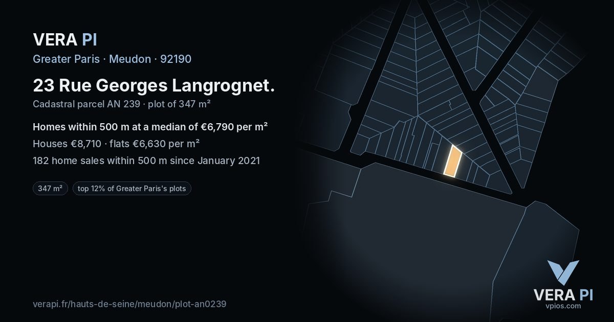 23 Rue Georges Langrognet, Meudon at night – the plot lit, the parcels around coloured by the prices near them