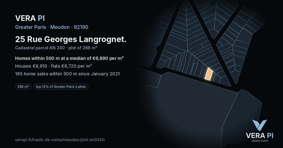 25 Rue Georges Langrognet, Meudon at night – the plot lit, the parcels around coloured by the prices near them