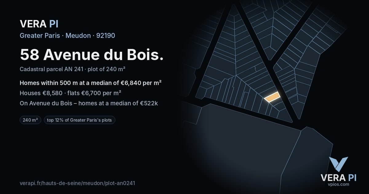 58 Avenue du Bois, Meudon at night – the plot lit, the parcels around coloured by the prices near them