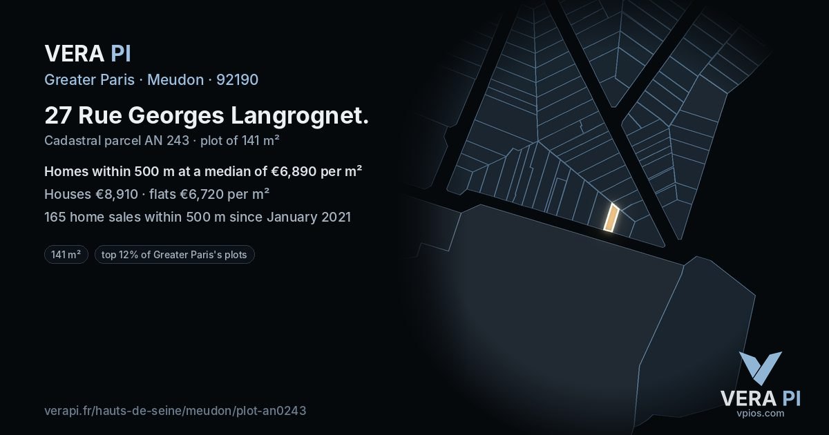 27 Rue Georges Langrognet, Meudon at night – the plot lit, the parcels around coloured by the prices near them
