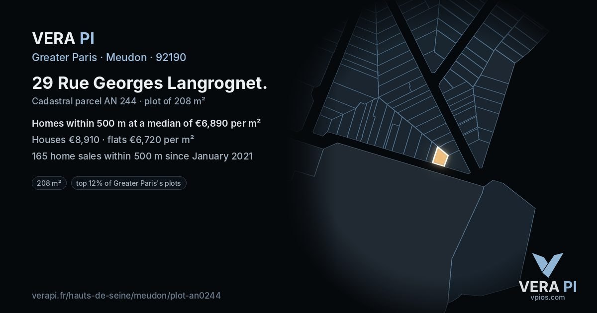 29 Rue Georges Langrognet, Meudon at night – the plot lit, the parcels around coloured by the prices near them