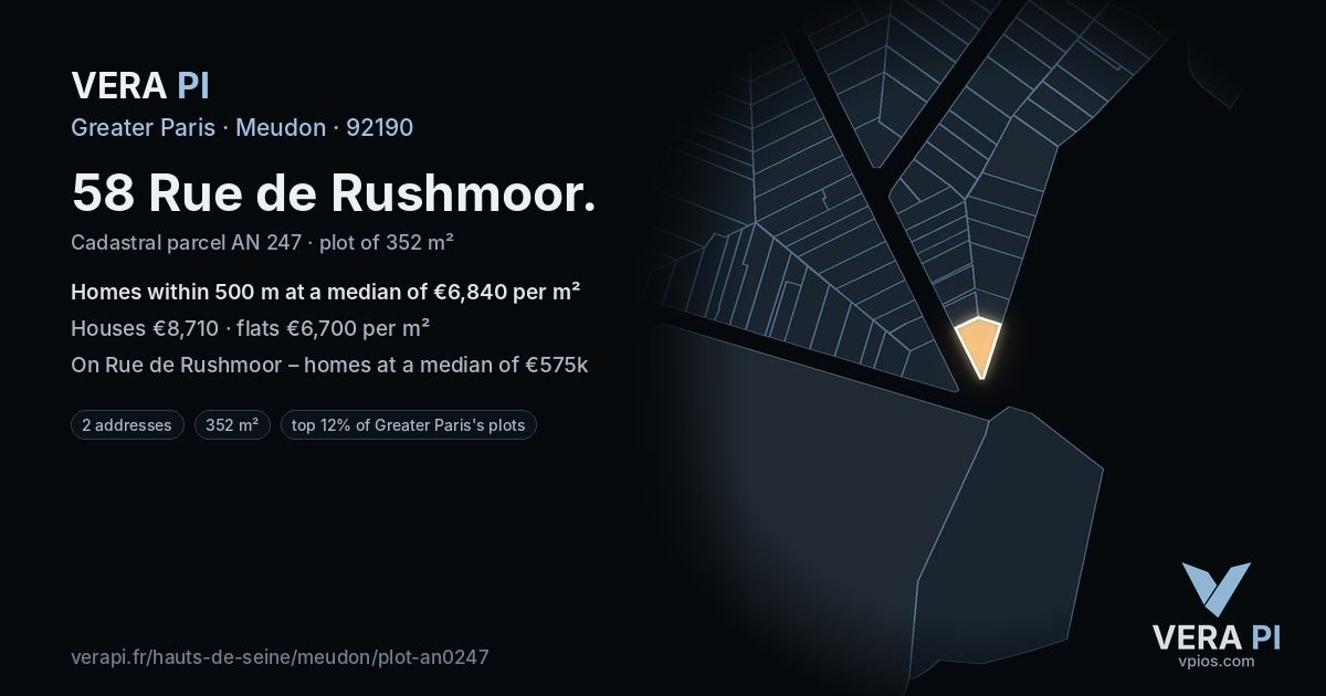 58 Rue de Rushmoor, Meudon at night – the plot lit, the parcels around coloured by the prices near them