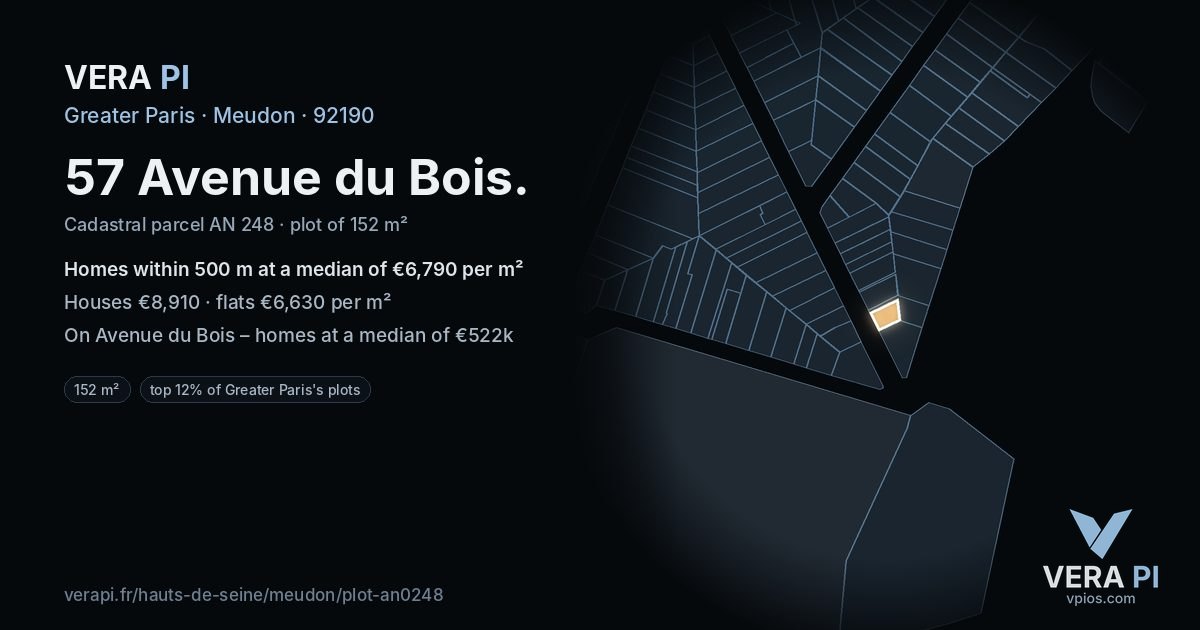 57 Avenue du Bois, Meudon at night – the plot lit, the parcels around coloured by the prices near them