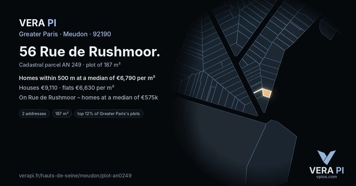56 Rue de Rushmoor, Meudon at night – the plot lit, the parcels around coloured by the prices near them