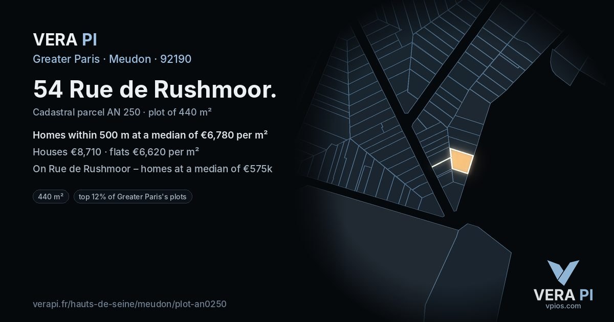 54 Rue de Rushmoor, Meudon at night – the plot lit, the parcels around coloured by the prices near them