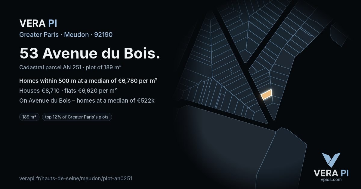 53 Avenue du Bois, Meudon at night – the plot lit, the parcels around coloured by the prices near them