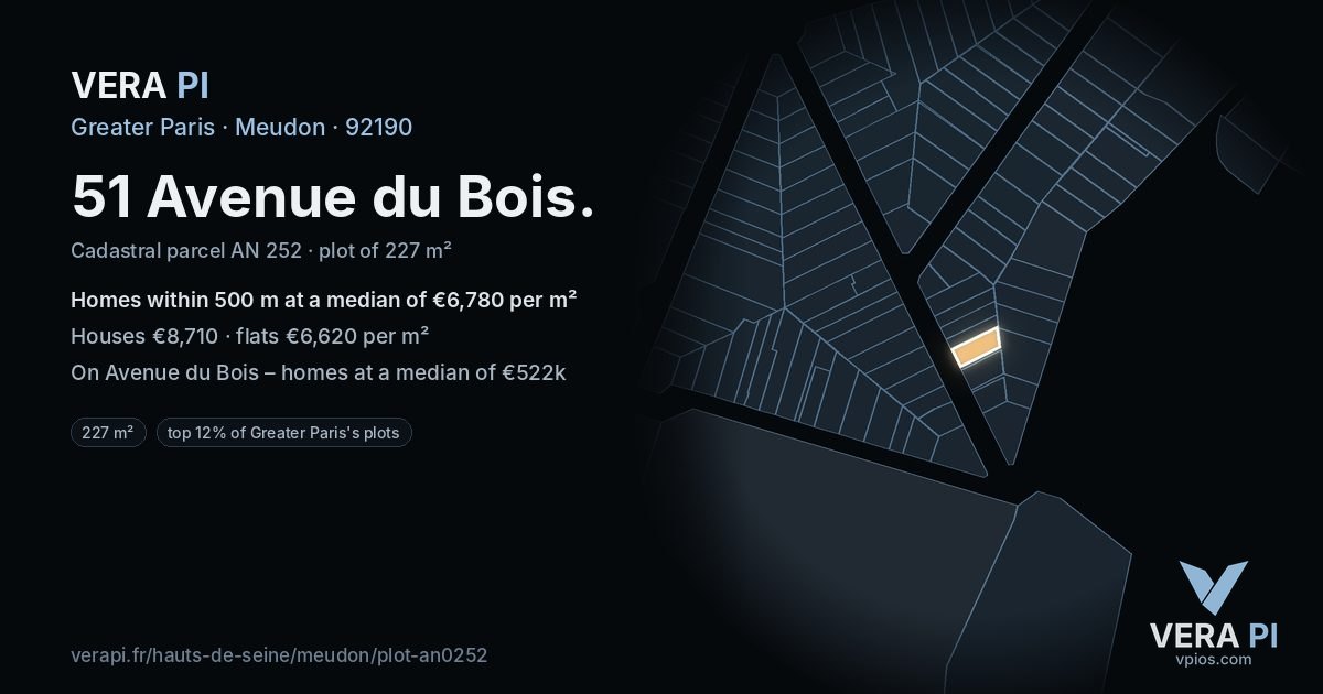 51 Avenue du Bois, Meudon at night – the plot lit, the parcels around coloured by the prices near them