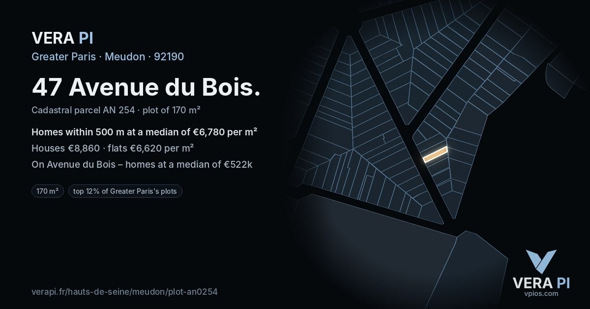 47 Avenue du Bois, Meudon at night – the plot lit, the parcels around coloured by the prices near them