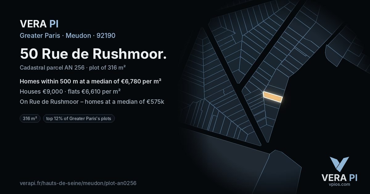 50 Rue de Rushmoor, Meudon at night – the plot lit, the parcels around coloured by the prices near them