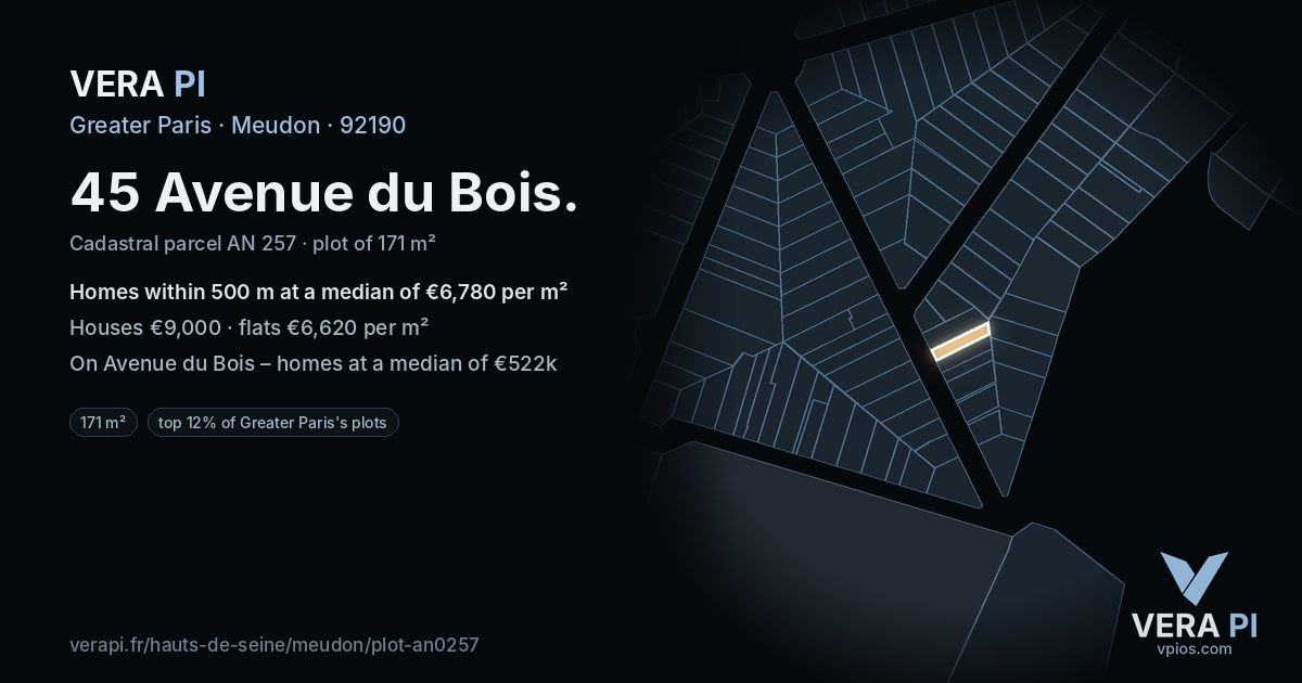 45 Avenue du Bois, Meudon at night – the plot lit, the parcels around coloured by the prices near them