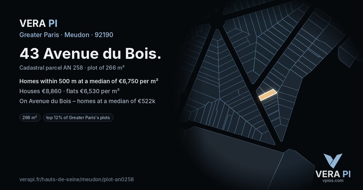 43 Avenue du Bois, Meudon at night – the plot lit, the parcels around coloured by the prices near them