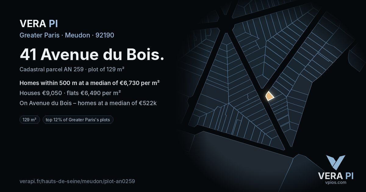 41 Avenue du Bois, Meudon at night – the plot lit, the parcels around coloured by the prices near them