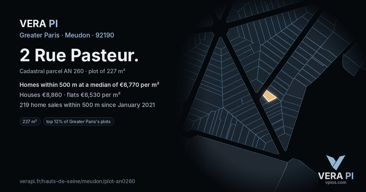 2 Rue Pasteur, Meudon at night – the plot lit, the parcels around coloured by the prices near them