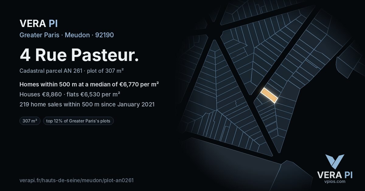 4 Rue Pasteur, Meudon at night – the plot lit, the parcels around coloured by the prices near them