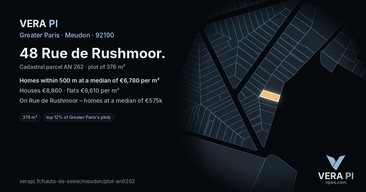 48 Rue de Rushmoor, Meudon at night – the plot lit, the parcels around coloured by the prices near them