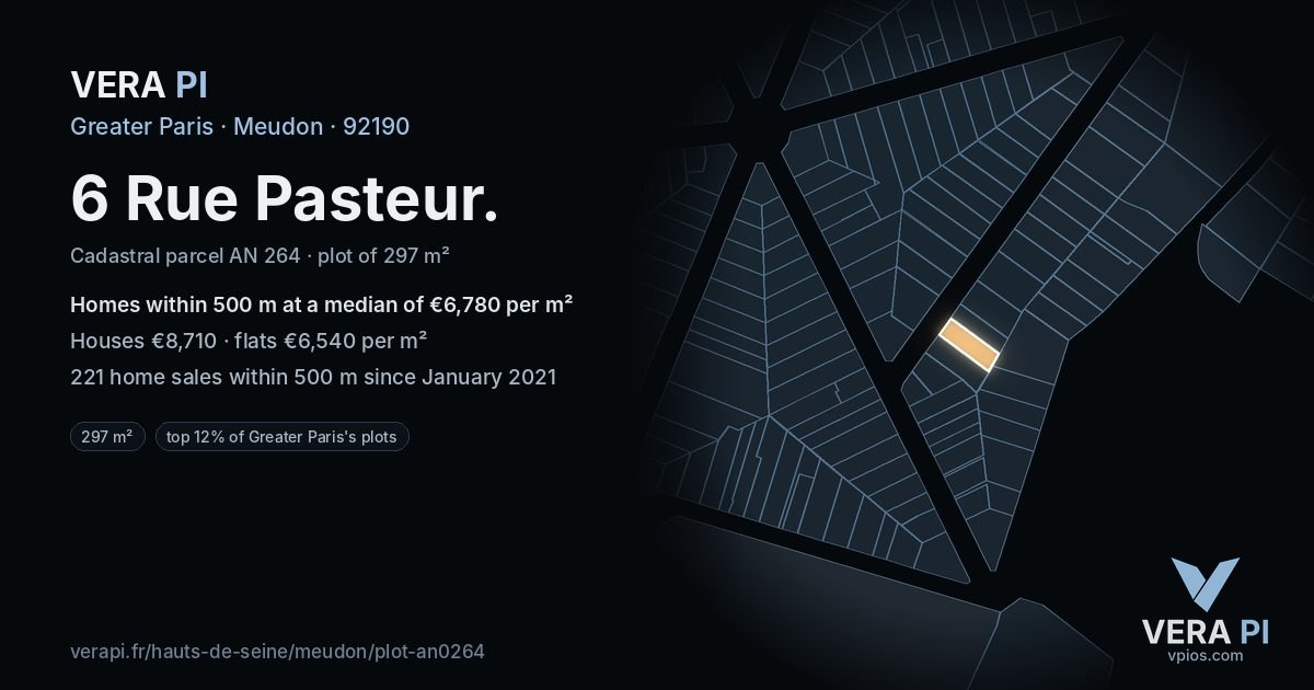 6 Rue Pasteur, Meudon at night – the plot lit, the parcels around coloured by the prices near them