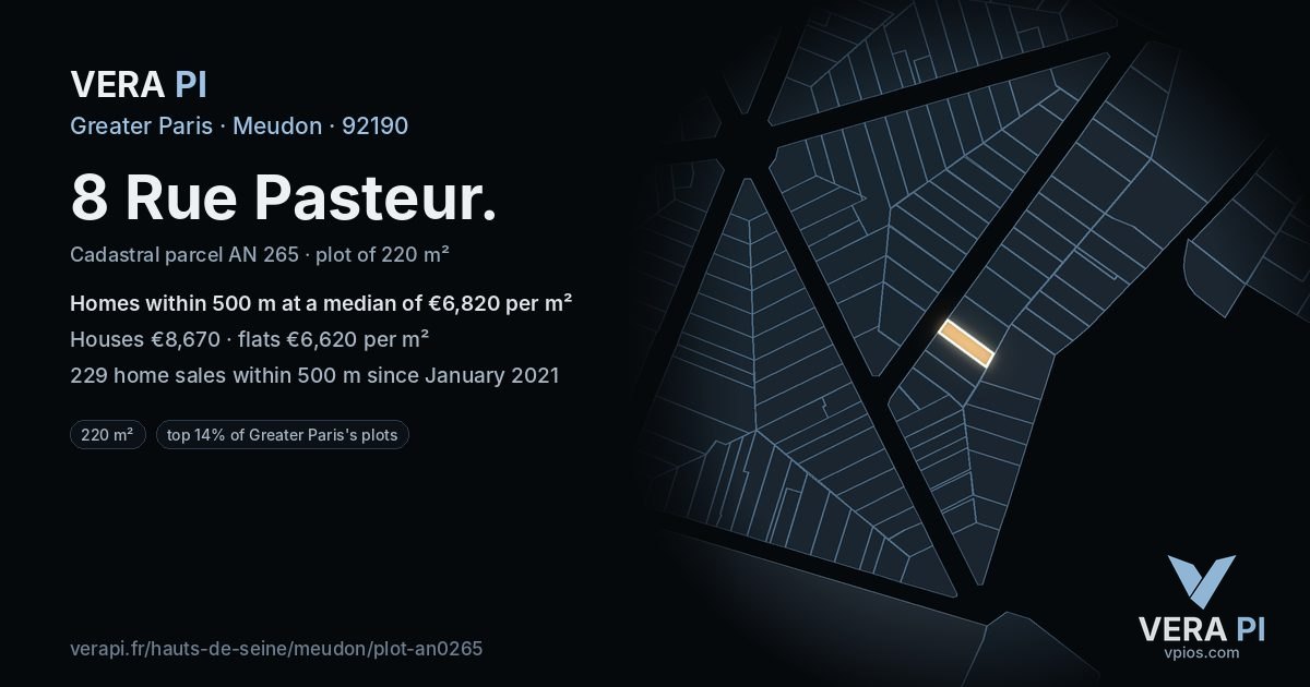 8 Rue Pasteur, Meudon at night – the plot lit, the parcels around coloured by the prices near them