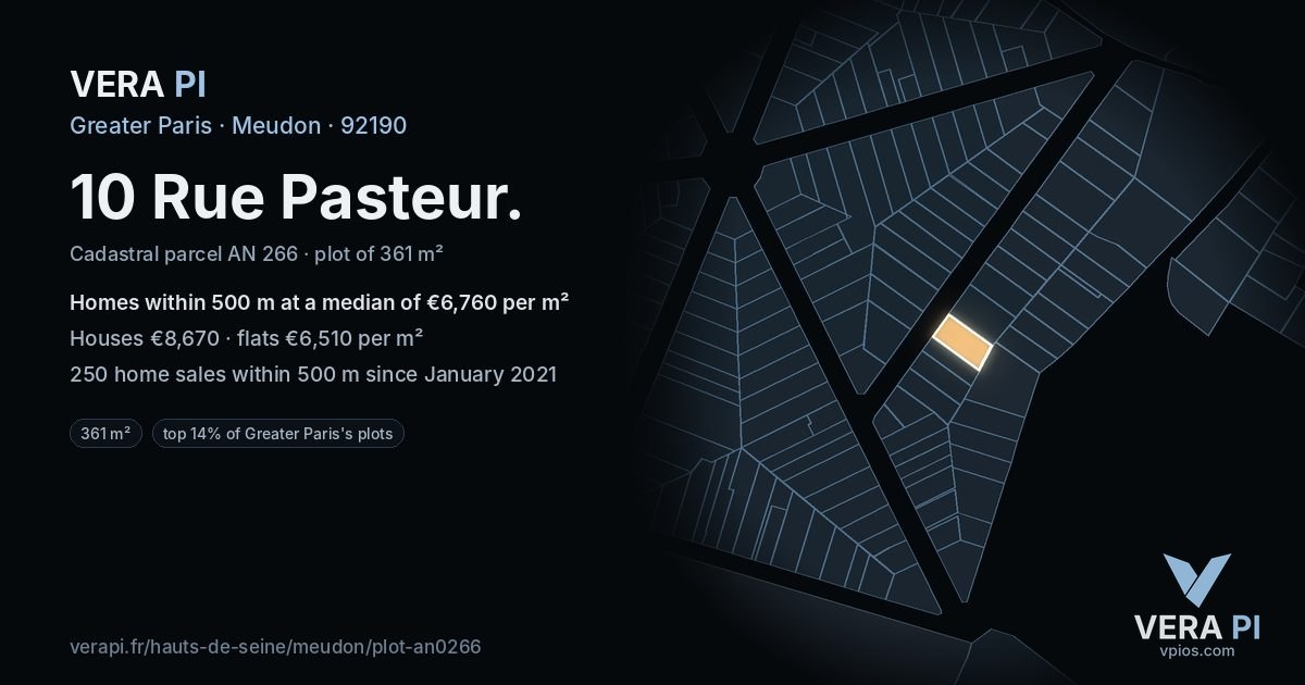 10 Rue Pasteur, Meudon at night – the plot lit, the parcels around coloured by the prices near them