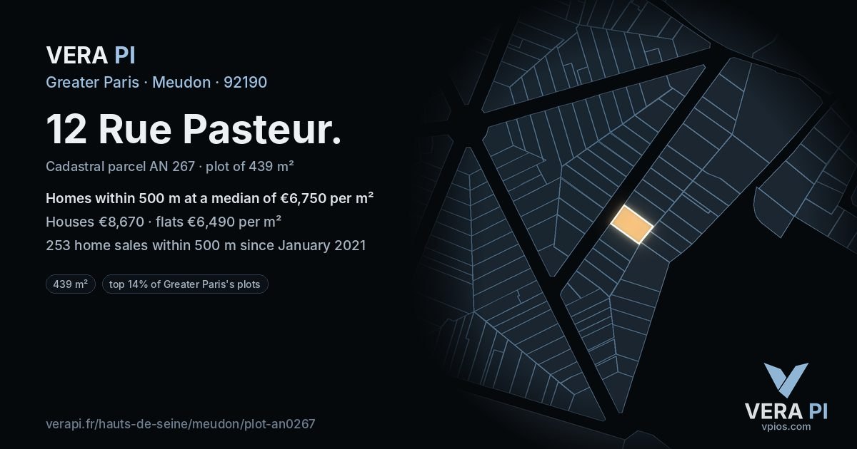 12 Rue Pasteur, Meudon at night – the plot lit, the parcels around coloured by the prices near them
