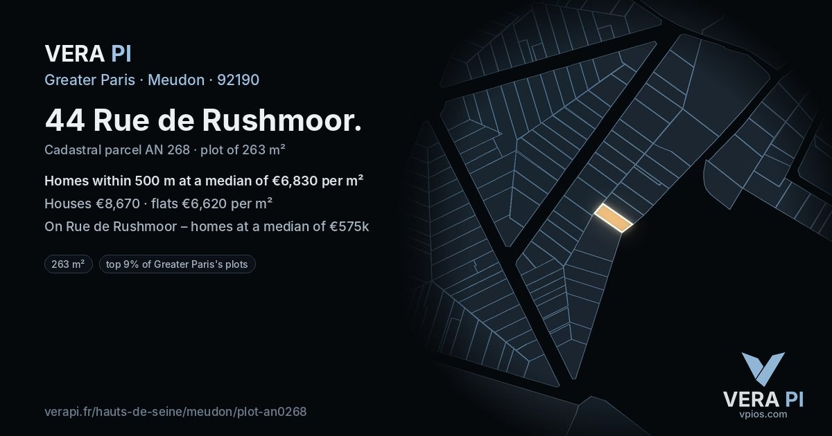 44 Rue de Rushmoor, Meudon at night – the plot lit, the parcels around coloured by the prices near them