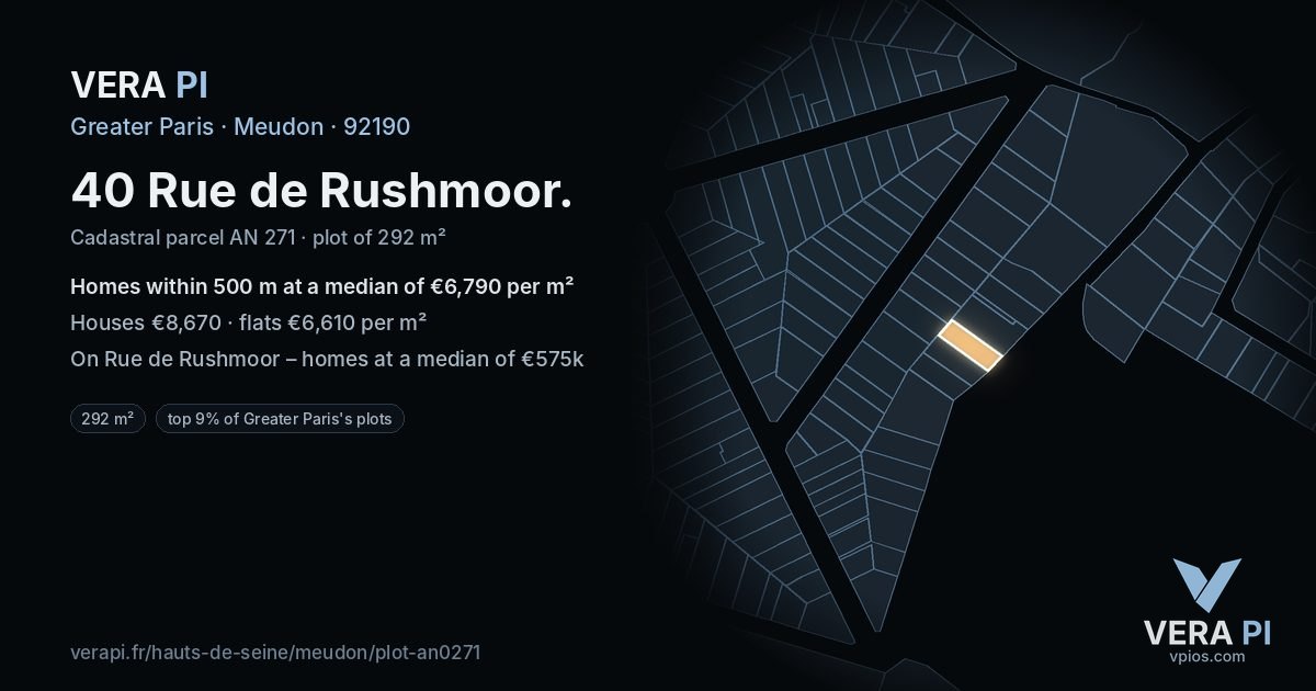 40 Rue de Rushmoor, Meudon at night – the plot lit, the parcels around coloured by the prices near them