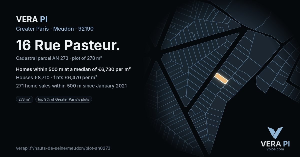 16 Rue Pasteur, Meudon at night – the plot lit, the parcels around coloured by the prices near them