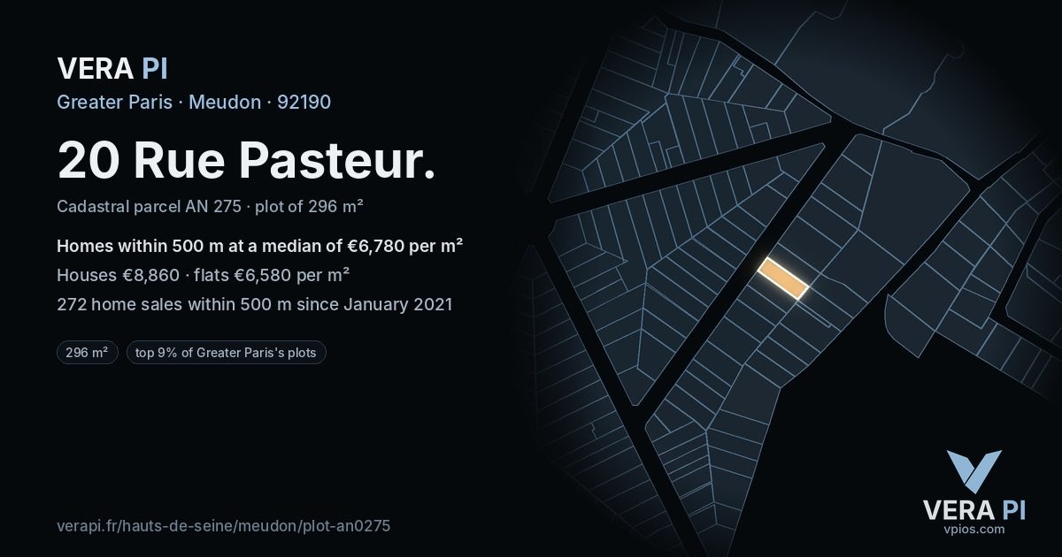 20 Rue Pasteur, Meudon at night – the plot lit, the parcels around coloured by the prices near them