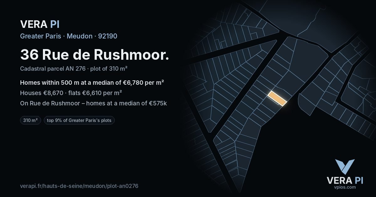 36 Rue de Rushmoor, Meudon at night – the plot lit, the parcels around coloured by the prices near them