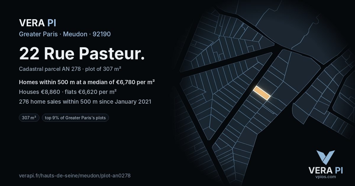 22 Rue Pasteur, Meudon at night – the plot lit, the parcels around coloured by the prices near them