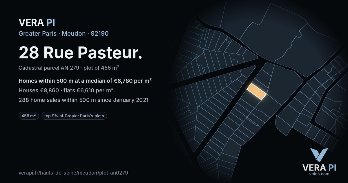 28 Rue Pasteur, Meudon at night – the plot lit, the parcels around coloured by the prices near them