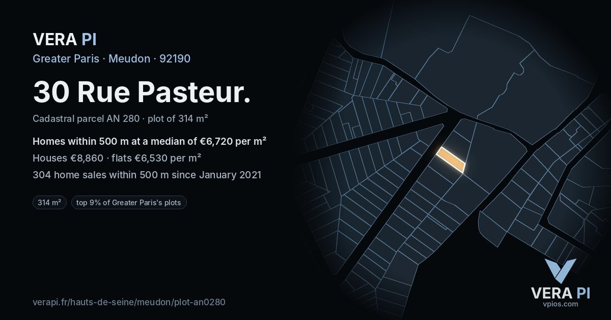 30 Rue Pasteur, Meudon at night – the plot lit, the parcels around coloured by the prices near them