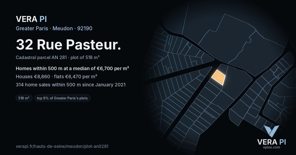 32 Rue Pasteur, Meudon at night – the plot lit, the parcels around coloured by the prices near them