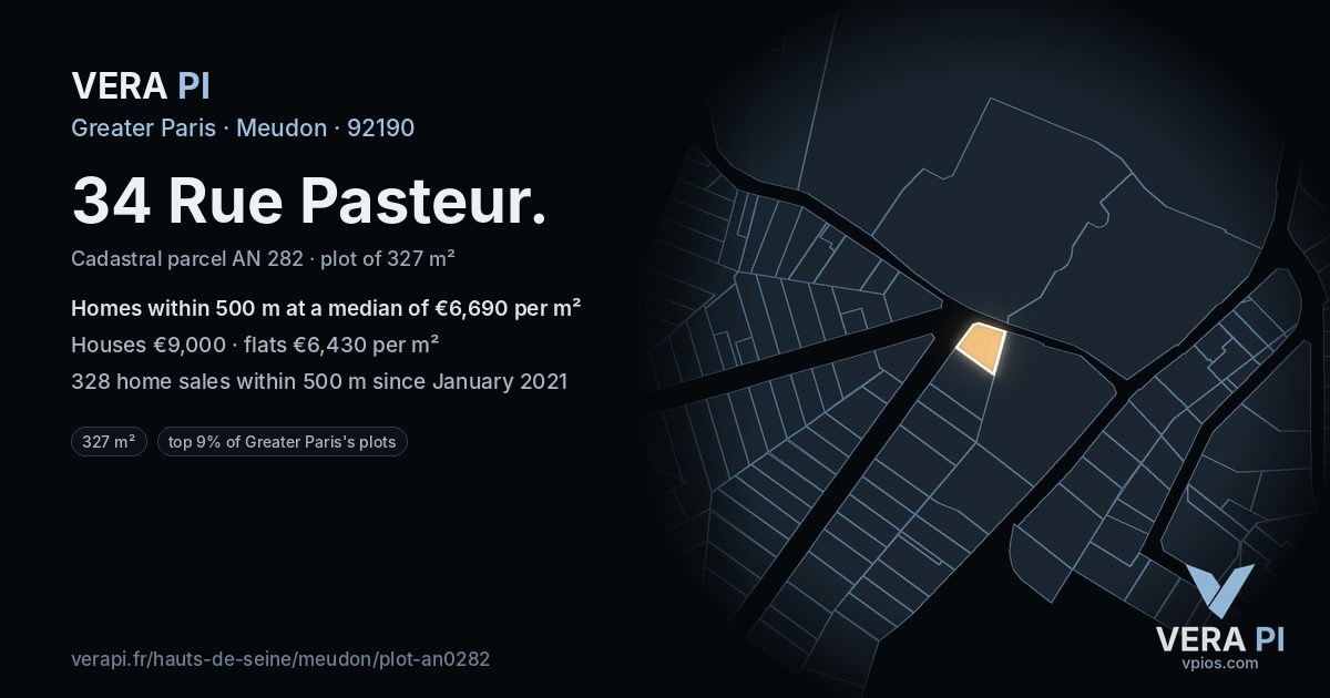34 Rue Pasteur, Meudon at night – the plot lit, the parcels around coloured by the prices near them