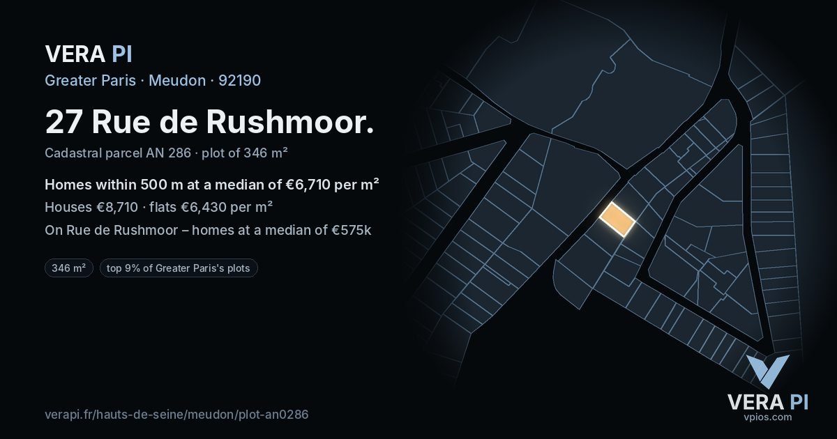 27 Rue de Rushmoor, Meudon at night – the plot lit, the parcels around coloured by the prices near them