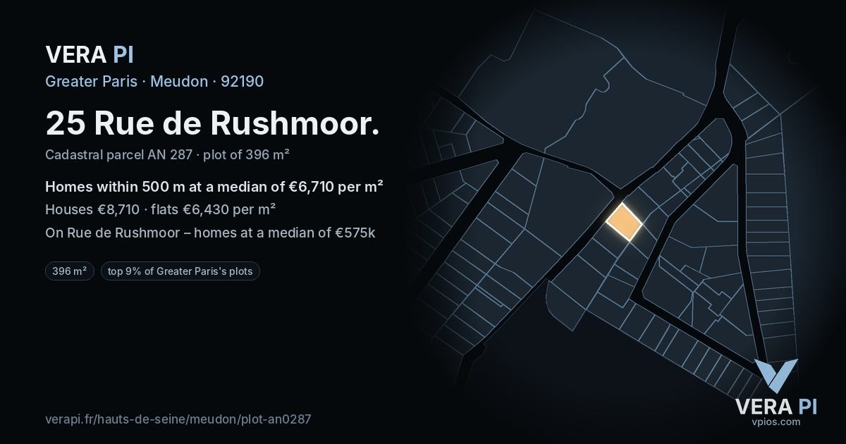25 Rue de Rushmoor, Meudon at night – the plot lit, the parcels around coloured by the prices near them
