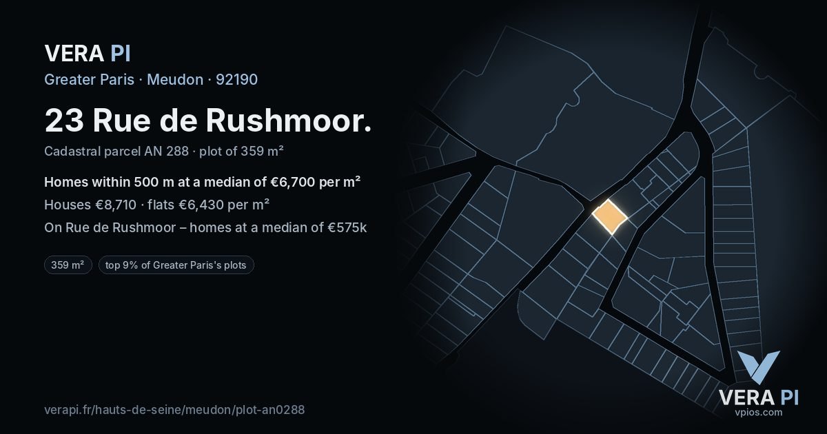 23 Rue de Rushmoor, Meudon at night – the plot lit, the parcels around coloured by the prices near them