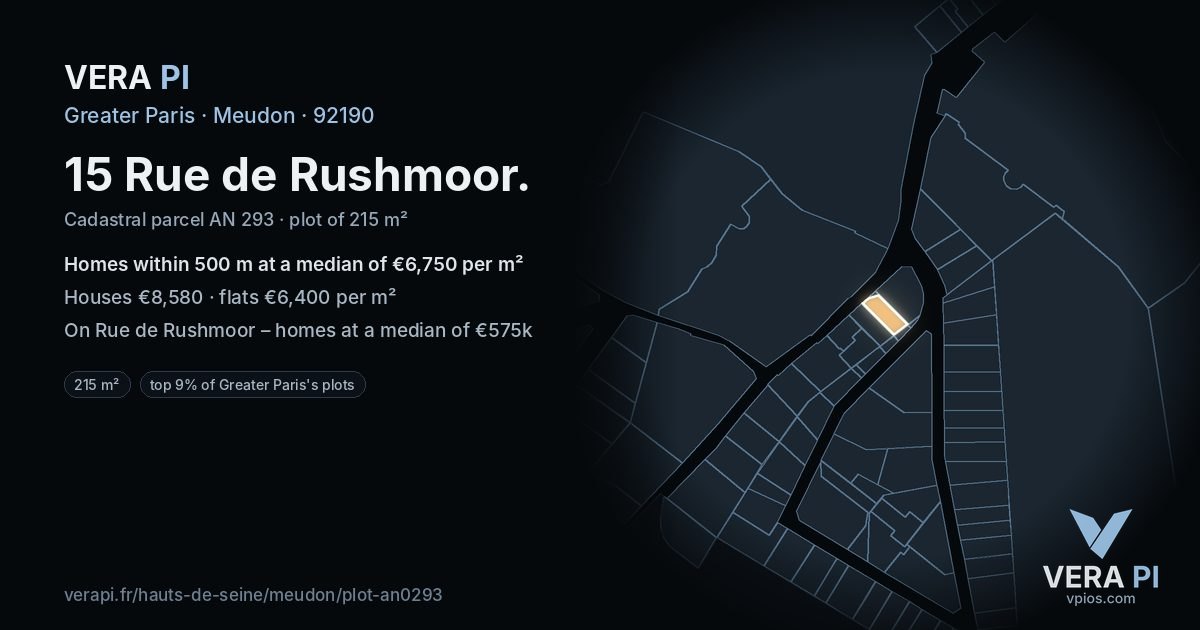 15 Rue de Rushmoor, Meudon at night – the plot lit, the parcels around coloured by the prices near them