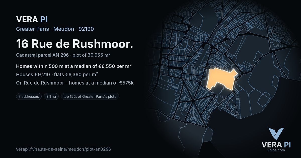 16 Rue de Rushmoor, Meudon at night – the plot lit, the parcels around coloured by the prices near them