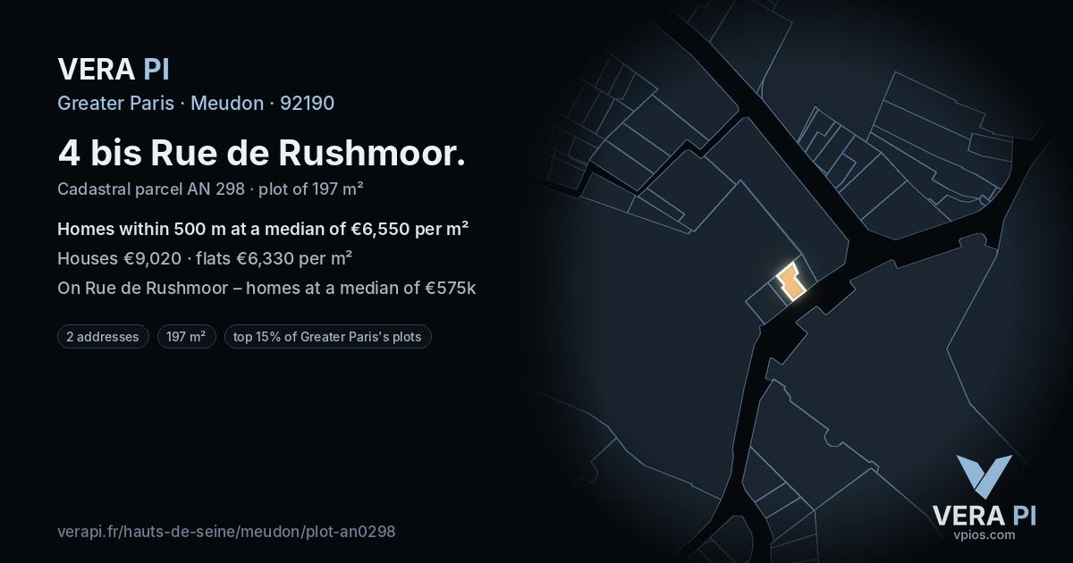 4 bis Rue de Rushmoor, Meudon at night – the plot lit, the parcels around coloured by the prices near them