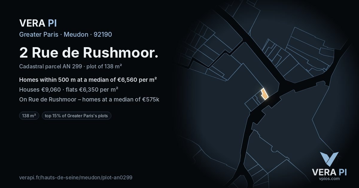 2 Rue de Rushmoor, Meudon at night – the plot lit, the parcels around coloured by the prices near them
