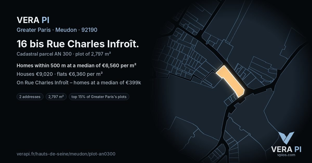 16 bis Rue Charles Infroît, Meudon at night – the plot lit, the parcels around coloured by the prices near them