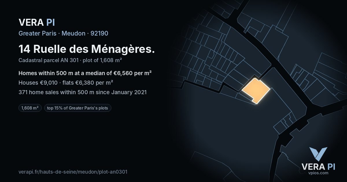 14 Ruelle des Ménagères, Meudon at night – the plot lit, the parcels around coloured by the prices near them