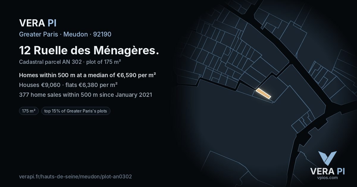 12 Ruelle des Ménagères, Meudon at night – the plot lit, the parcels around coloured by the prices near them